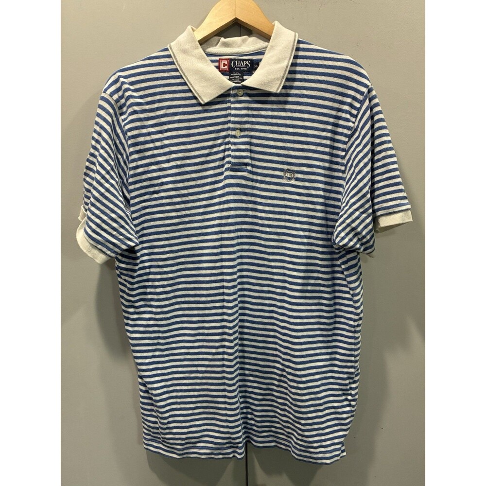 Vintage Chaps Blue White Striped Polo Shirt Men’s L 100% Cotton Classic Preppy